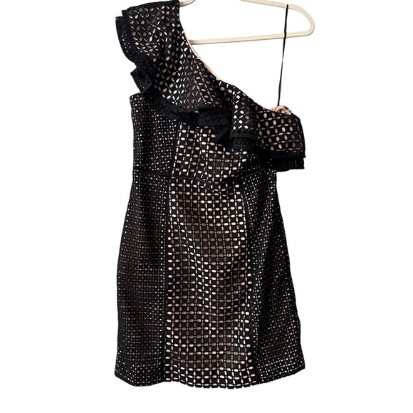 J. Crew Collection Black Eyelet One Shoulder Ruffle Mini Dress Size 4 Small - Picture 7 of 10